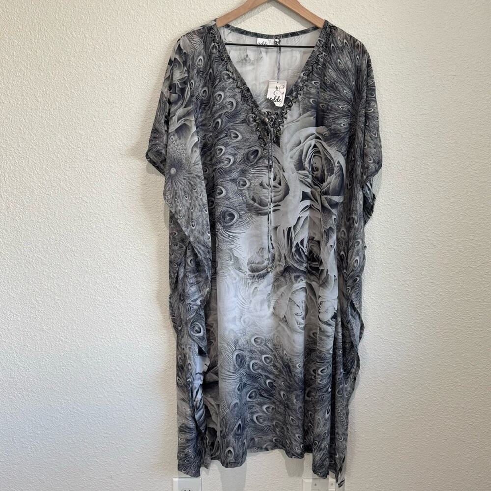 Isolde Matilda Poncho Kaftan Dress Gray Peacock Floral Beaded V-Neck S/M New